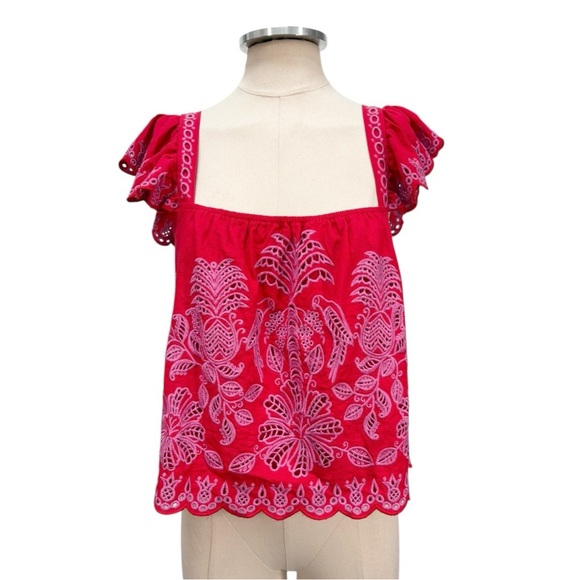 Farm Rio Palm Tree Richelieu Flutter-Sleeve Eyelet Embroidered Top Size Small - Picture 2 of 11